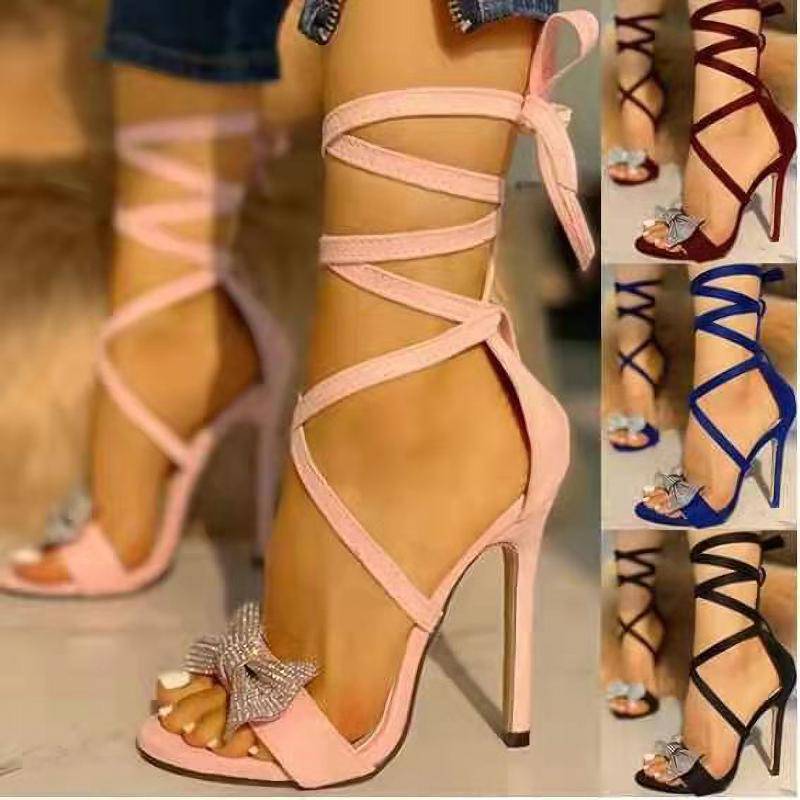 Women's Suede High Heeled Sandals with Ankle Straps and Studded Bow nihaodropshipping