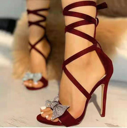 Women's Suede High Heeled Sandals with Ankle Straps and Studded Bow nihaodropshipping