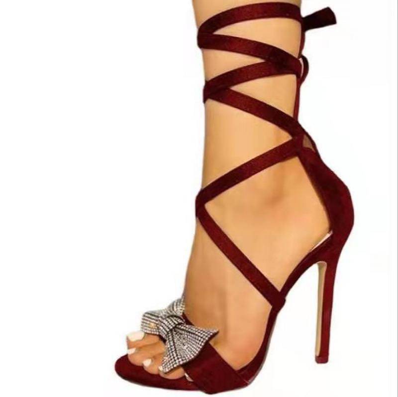 Women's Suede High Heeled Sandals with Ankle Straps and Studded Bow nihaodropshipping