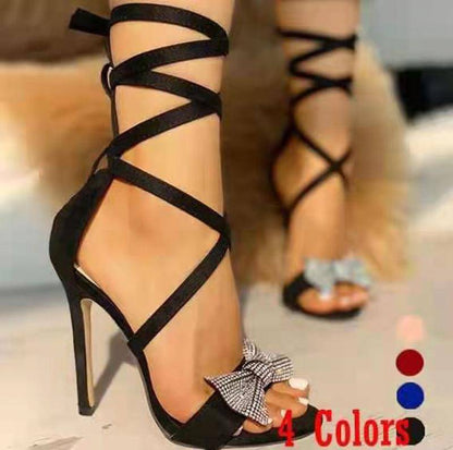 Women's Suede High Heeled Sandals with Ankle Straps and Studded Bow nihaodropshipping