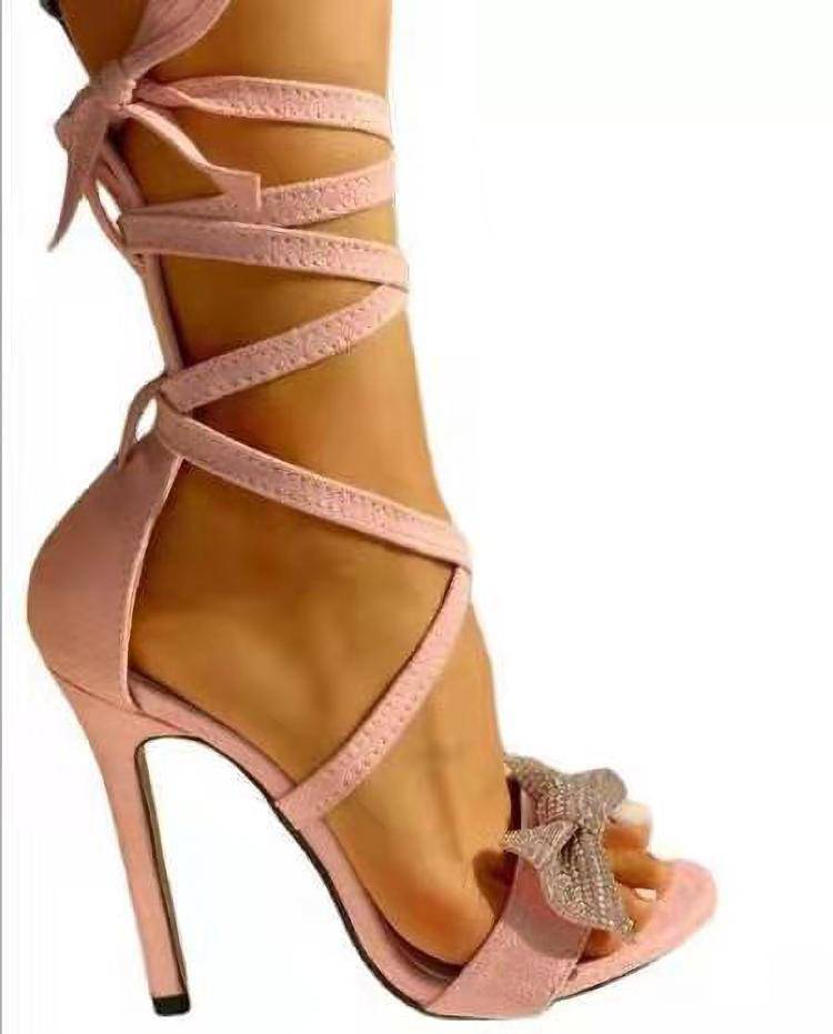 Women's Suede High Heeled Sandals with Ankle Straps and Studded Bow nihaodropshipping