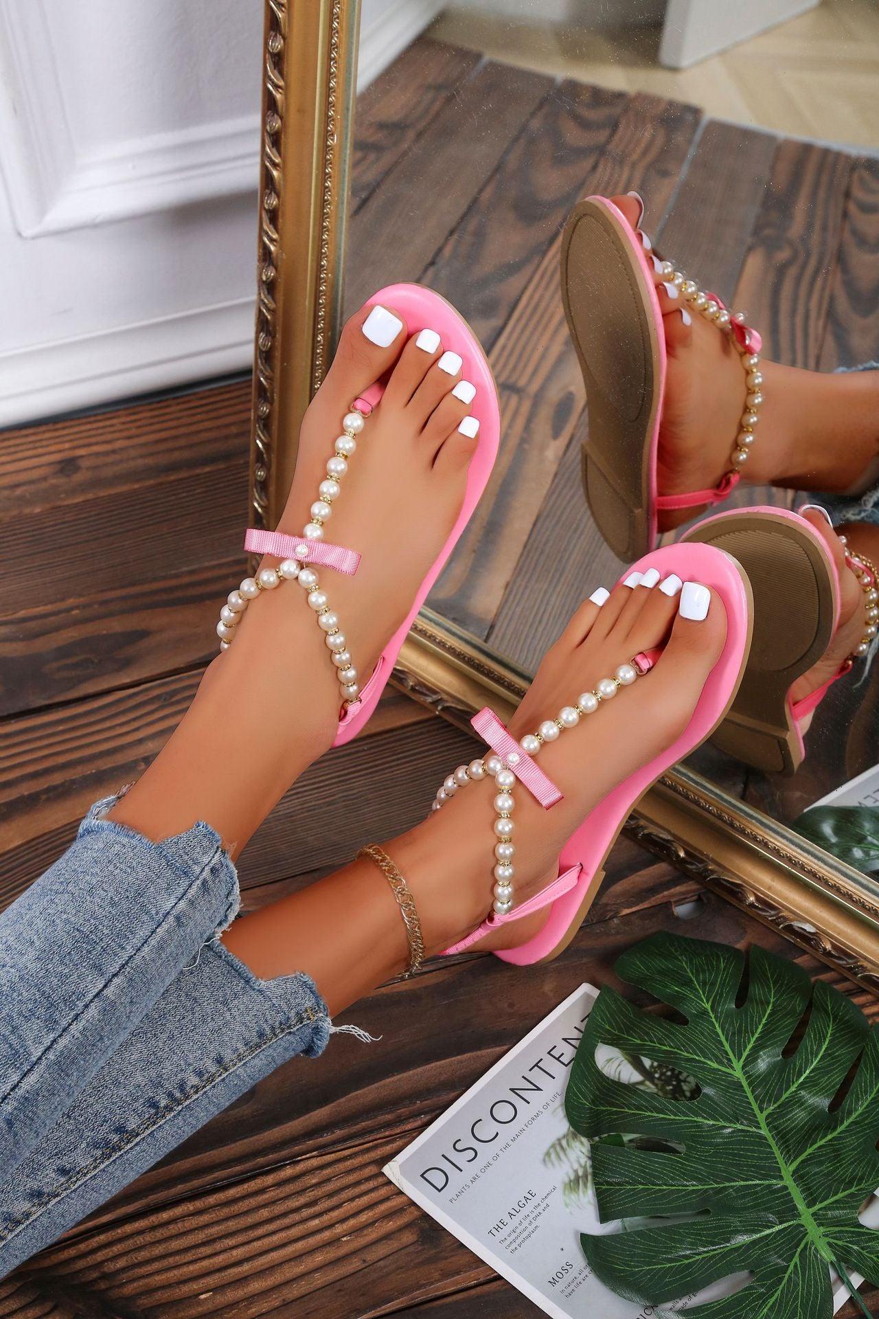 Pearl Toe Bow Flat Sandals nihaodropshipping