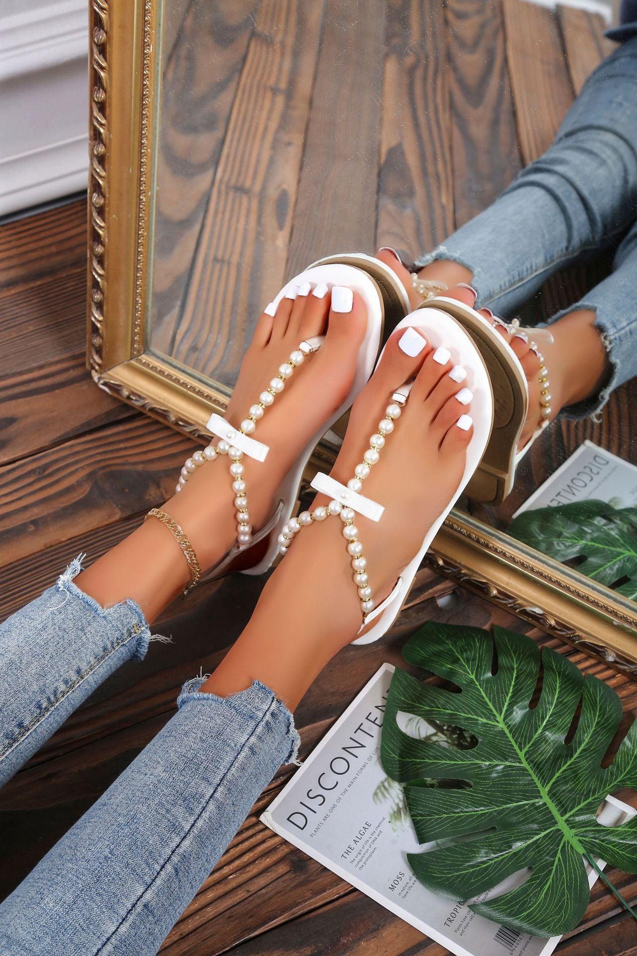 Pearl Toe Bow Flat Sandals nihaodropshipping