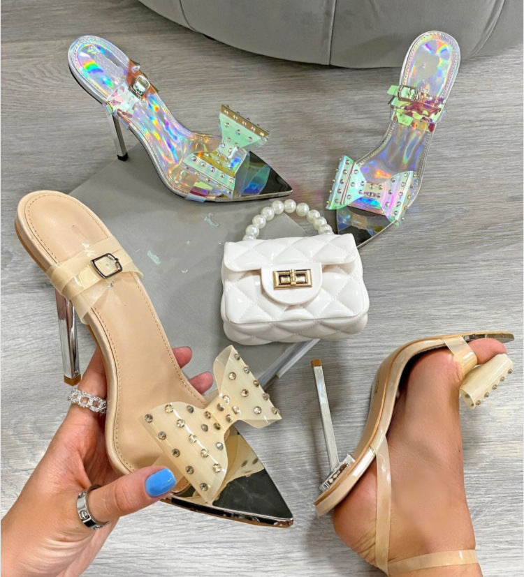 Pointed Toe PVC Bow Rhinestone Stilettos nihaodropshipping