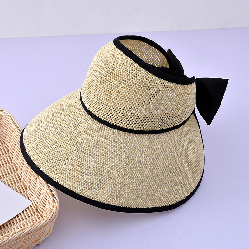 Women's Vintage Style Large Straw Sun Visor with Bow nihaodropshipping