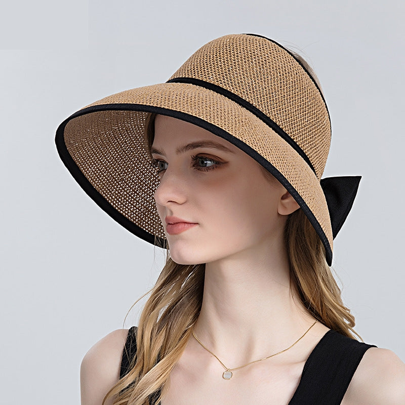 Women's Vintage Style Large Straw Sun Visor with Bow nihaodropshipping