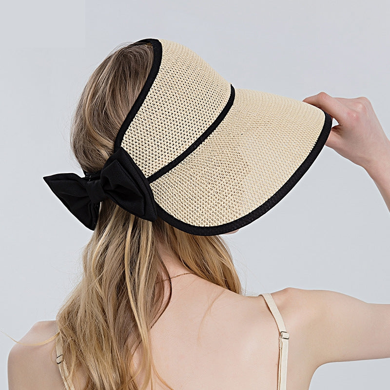 Women's Vintage Style Large Straw Sun Visor with Bow nihaodropshipping