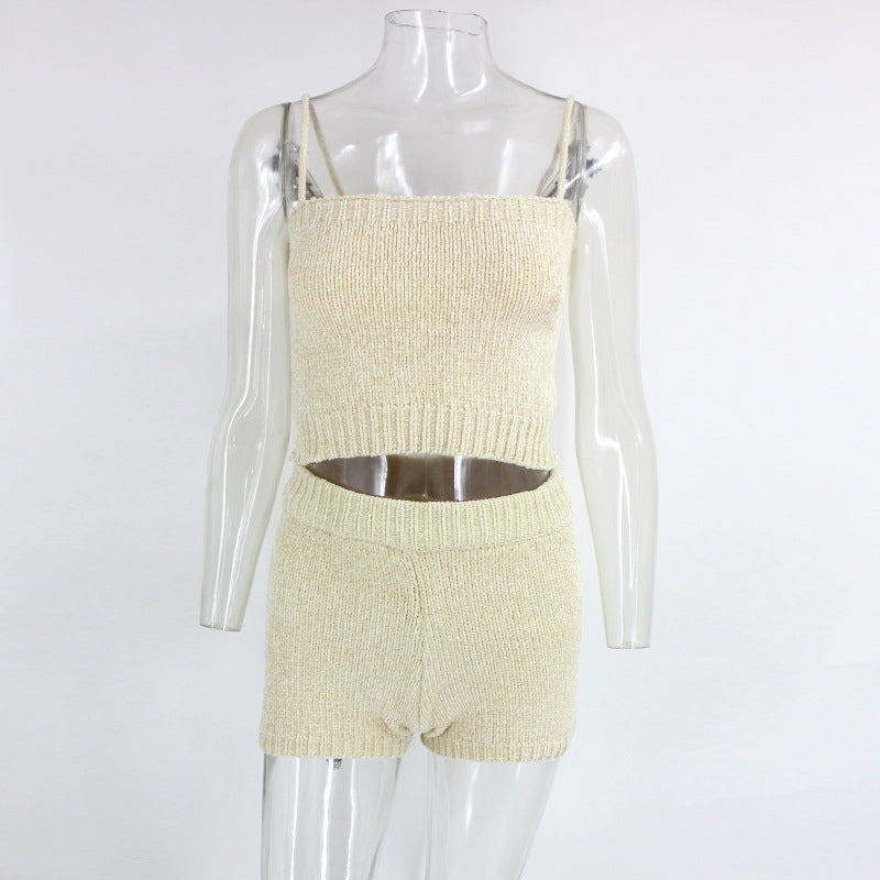 Women's Knitted Camisole Crop Top and Shorts Set nihaodropshipping