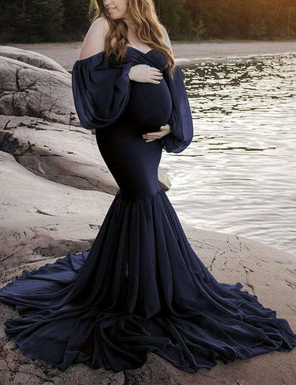 Off Shoulder Puff Sleeve Maternity Dress for Pregnancy Photo Shoot nihaodropshipping