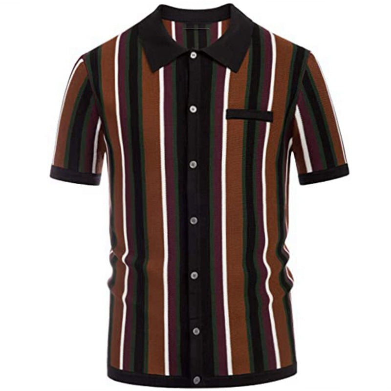 Men's Retro Style Casual Stripe Polyester Stripe Short Sleeve Shirt nihaodropshipping