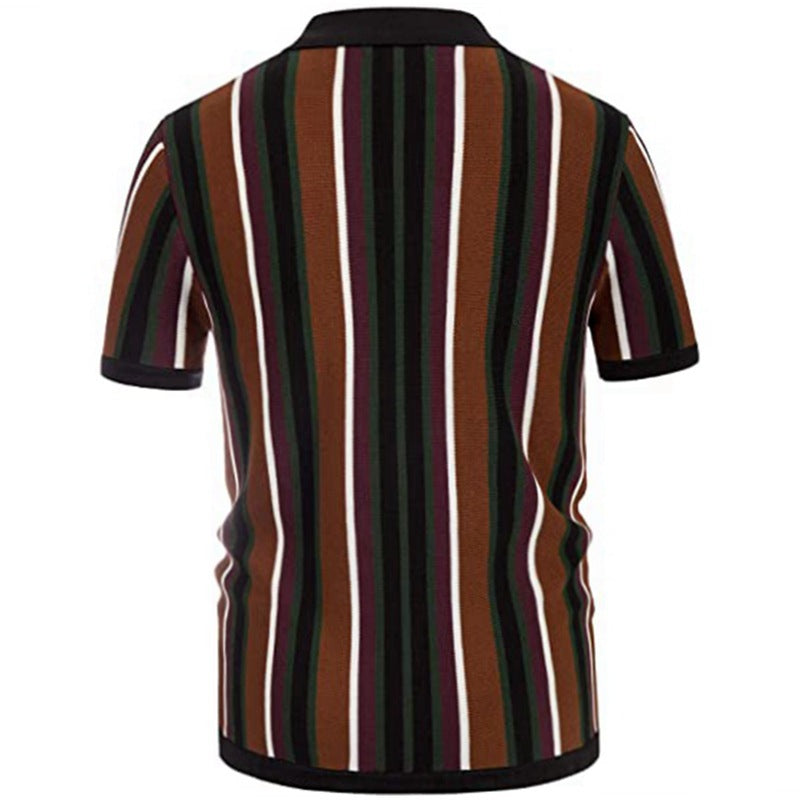 Men's Retro Style Casual Stripe Polyester Stripe Short Sleeve Shirt nihaodropshipping