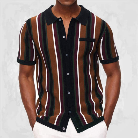 Men's Retro Style Casual Stripe Polyester Stripe Short Sleeve Shirt nihaodropshipping