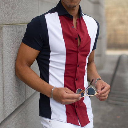 Men's Retro Style Casual Stripe Polyester Short Sleeve Button Up Shirt nihaodropshipping