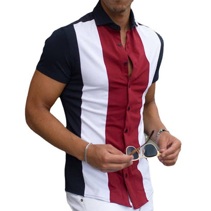 Men's Retro Style Casual Stripe Polyester Short Sleeve Button Up Shirt nihaodropshipping