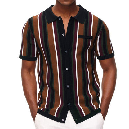 Men's Retro Style Casual Stripe Polyester Stripe Short Sleeve Shirt nihaodropshipping