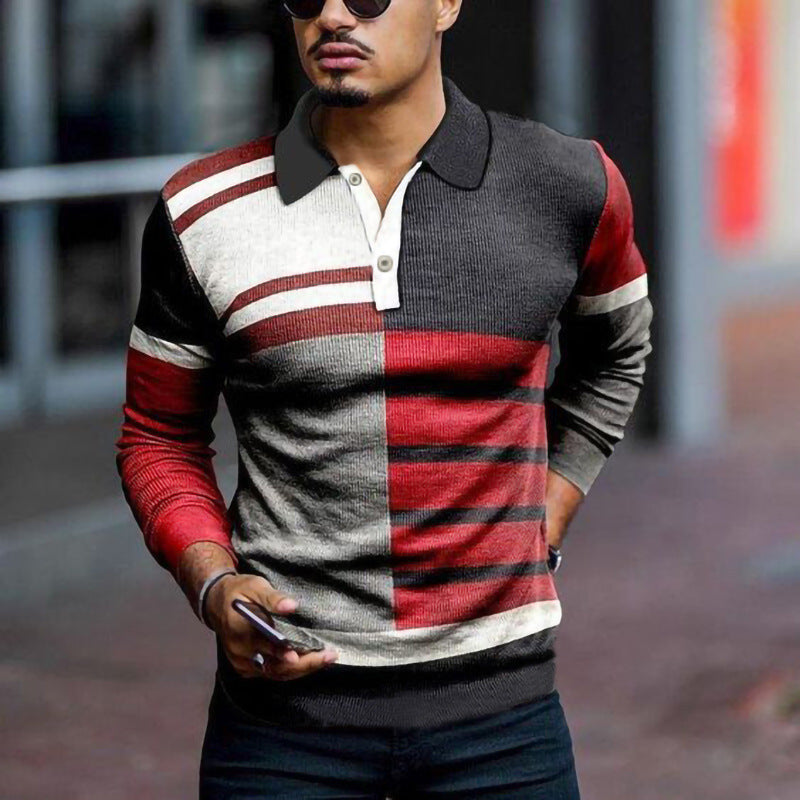 Men's Retro Style Geometric Casual Long Sleeve Polo nihaodropshipping