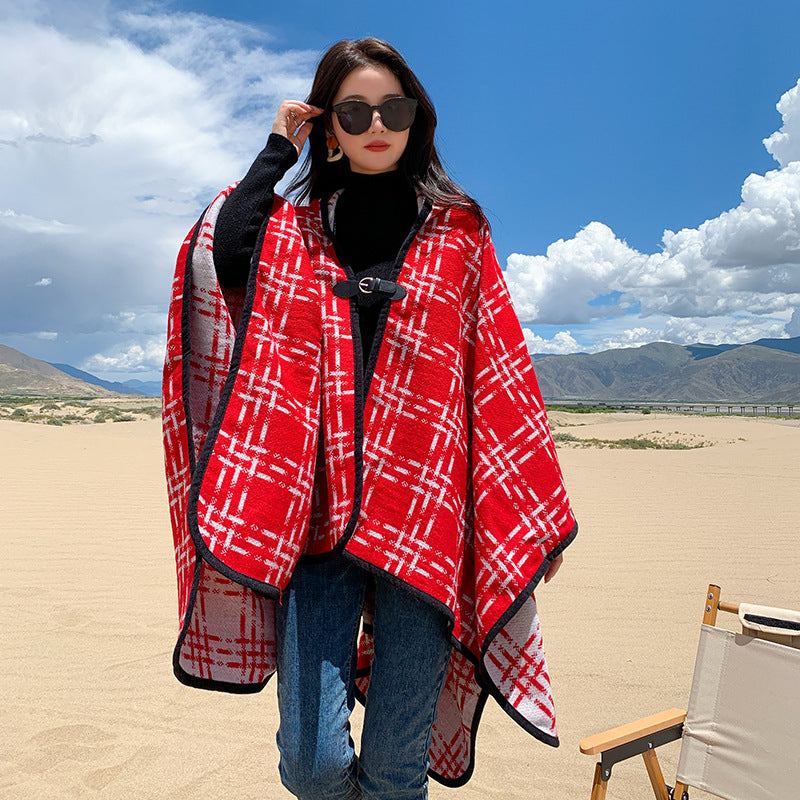 Women's Hooded Cape Shawl with Mini Buckle Latch nihaodropshipping