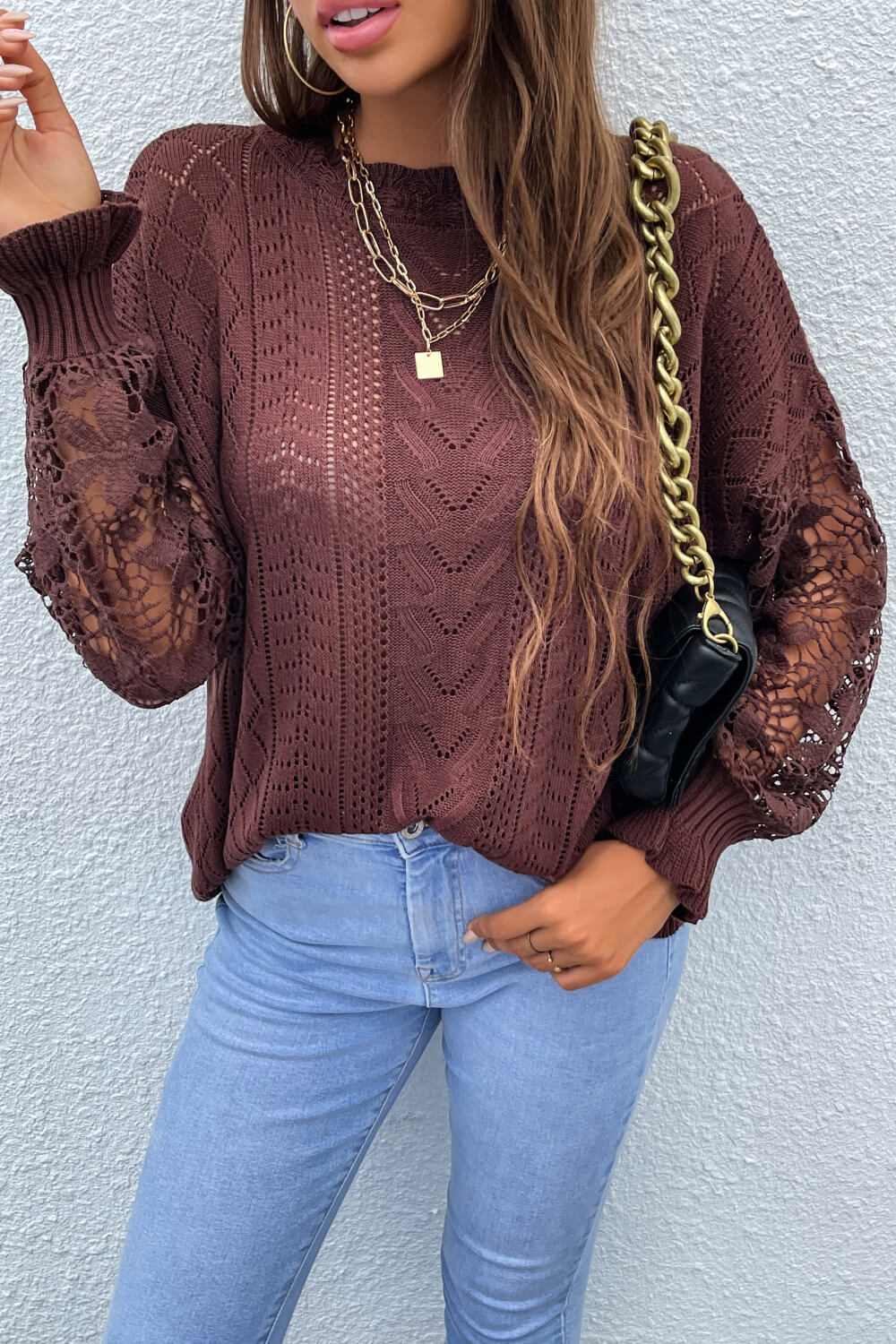 Spliced Lace Crochet Sleeve Sweater Trendsi