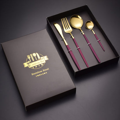 Stainless Steel Dinnerware Set Black Gold Cutlery Spoon Fork Knife Western Cutleri Gift Box Supplies Silverware Tableware Set Larnt