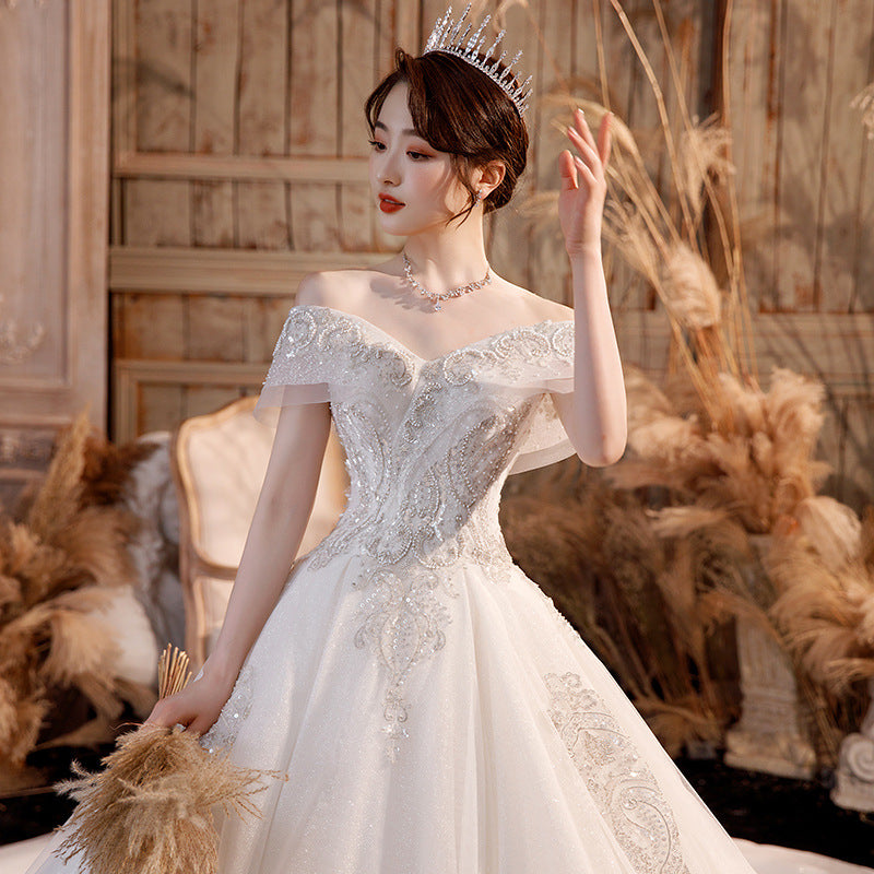 Women's Off Shoulder Beaded Wedding Gown with Lace  and Wide Train nihaodropshipping