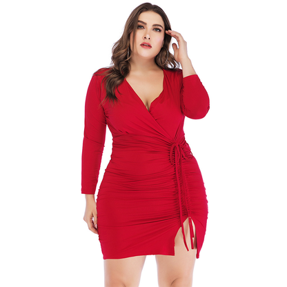 Women's Plus Size Deep V Drawstring Gathering Slit Dress Kiwidrop