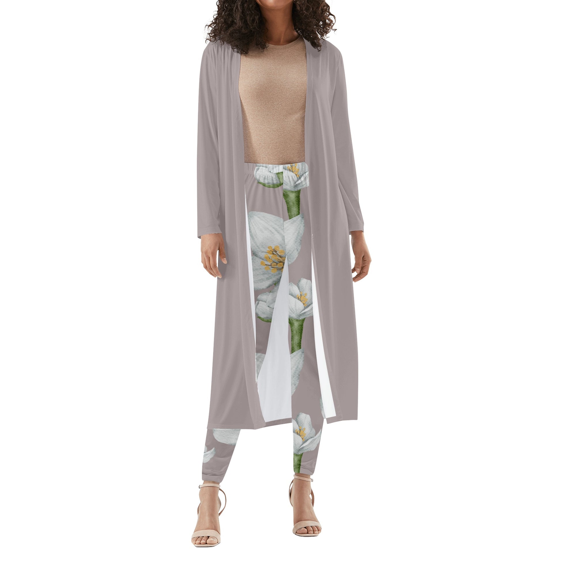 Women's Long Sleeve Cardigan and Leggings 2pcs Taupe with Gray Watercolor Flowers (Designed by Dunbi) PopCustoms