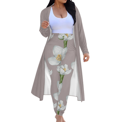 Women's Long Sleeve Cardigan and Leggings 2pcs Taupe with Gray Watercolor Flowers (Designed by Dunbi) PopCustoms