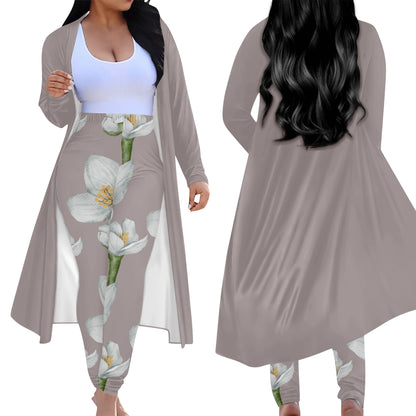 Women's Long Sleeve Cardigan and Leggings 2pcs Taupe with Gray Watercolor Flowers (Designed by Dunbi) PopCustoms