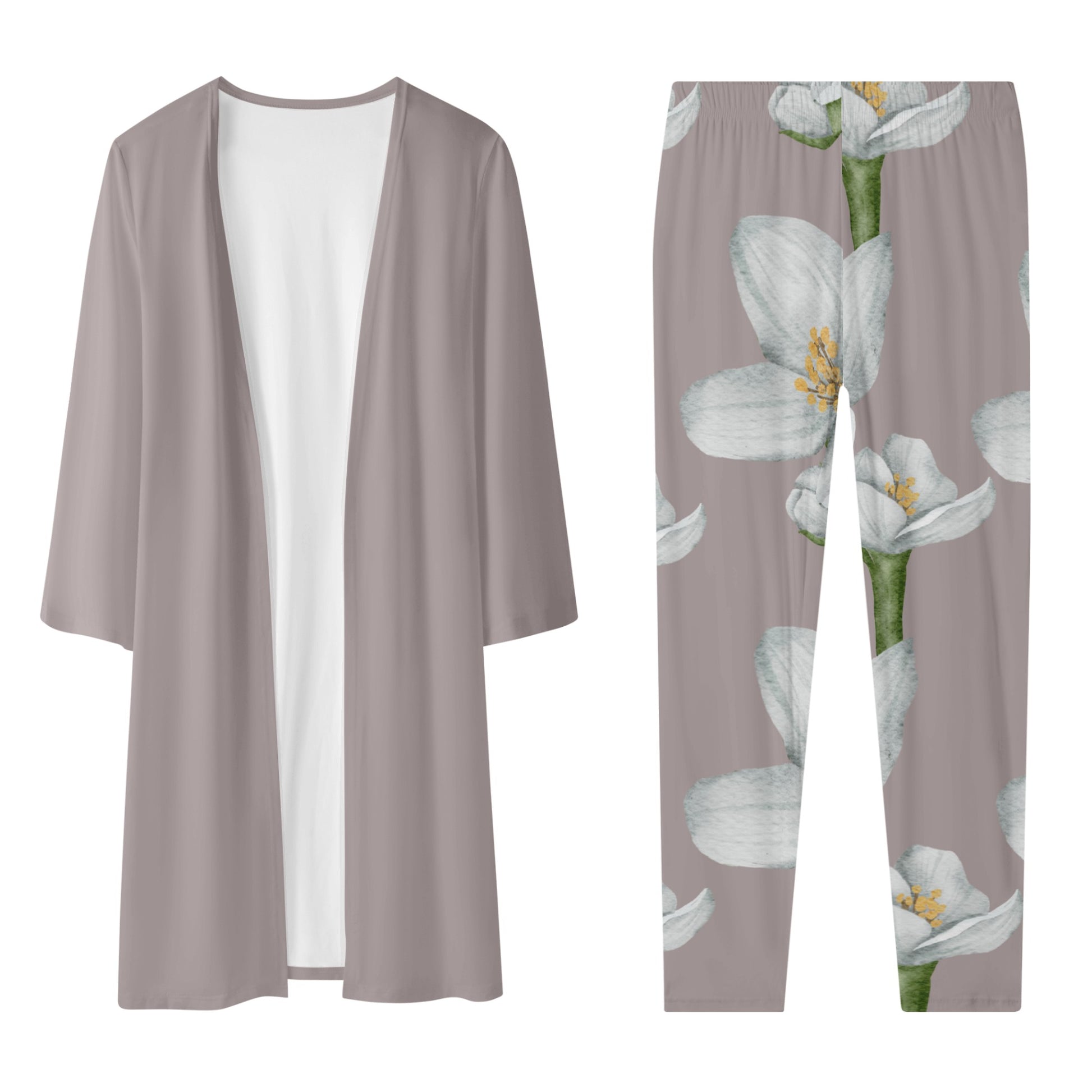 Women's Long Sleeve Cardigan and Leggings 2pcs Taupe with Gray Watercolor Flowers (Designed by Dunbi) PopCustoms