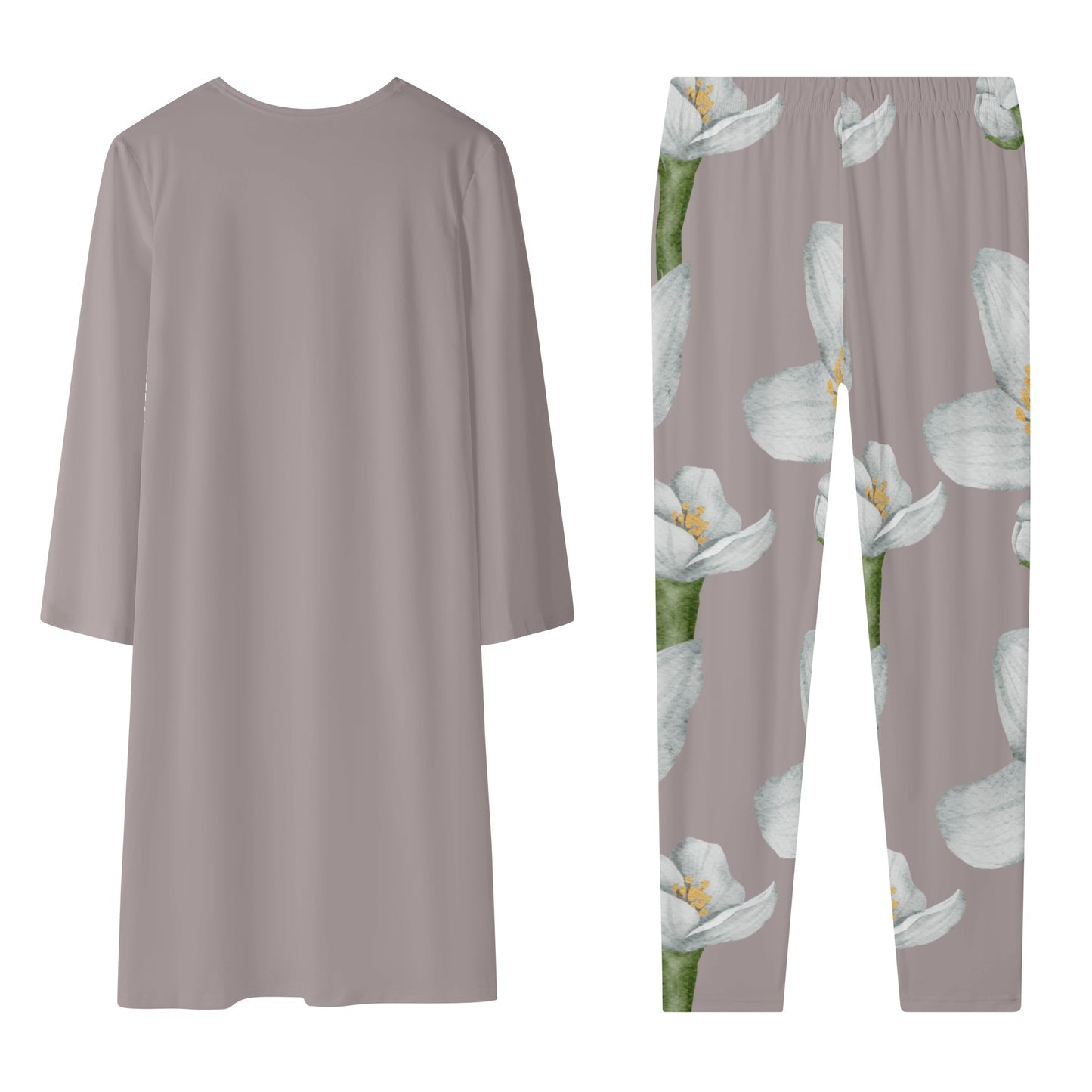 Women's Long Sleeve Cardigan and Leggings 2pcs Taupe with Gray Watercolor Flowers (Designed by Dunbi) PopCustoms