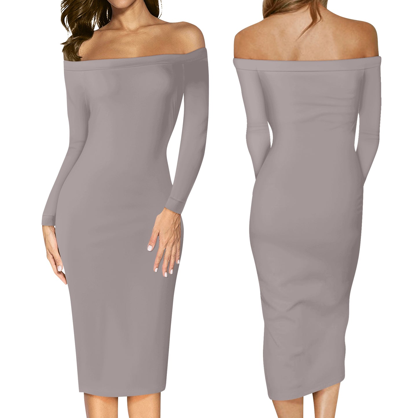 Women's Long Sleeve Off The Shoulder Lady Dress Taupe (Designed by Dunbi) PopCustoms