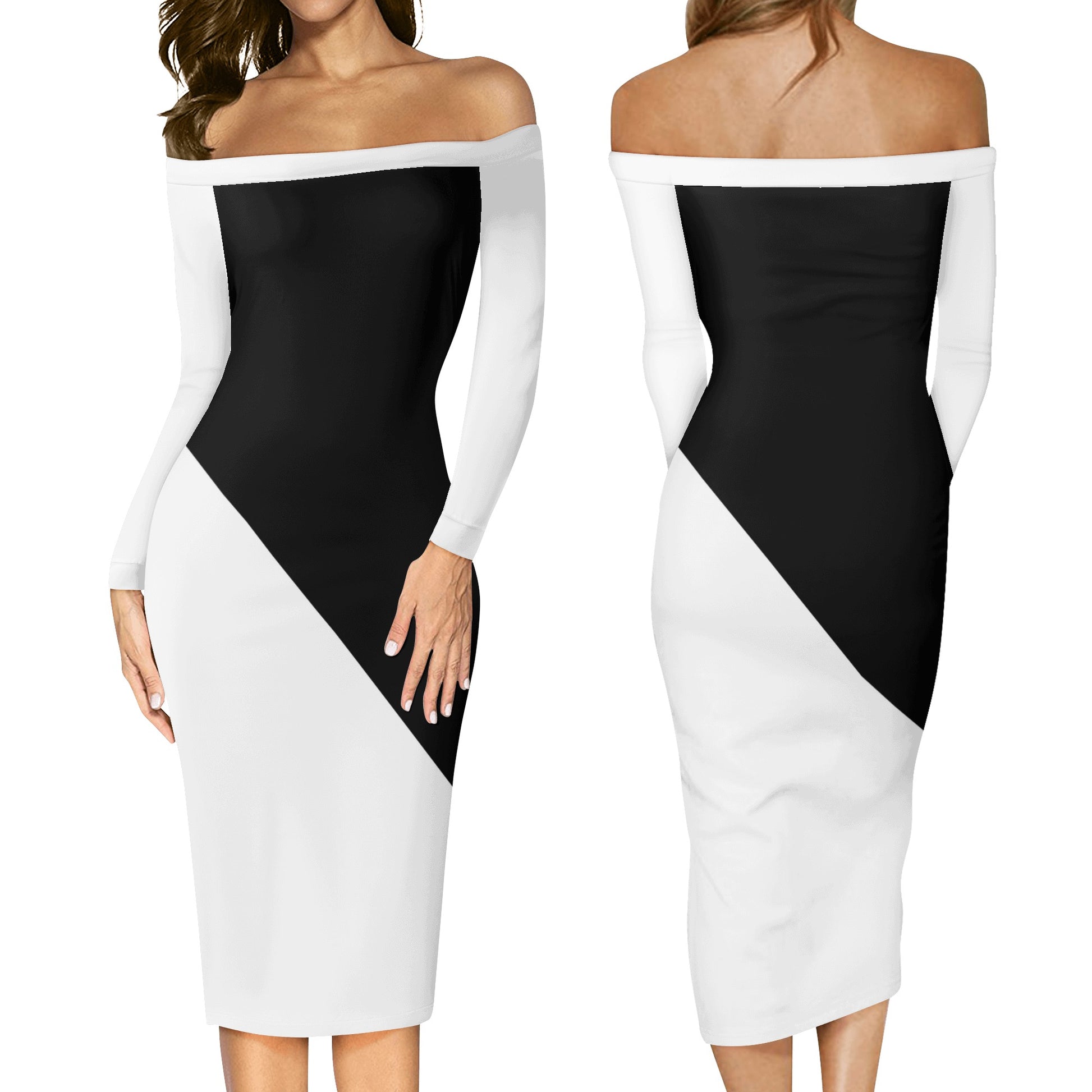 Women's Long Sleeve Off The Shoulder Lady Dress Black and White (Designed by Dunbi) PopCustoms