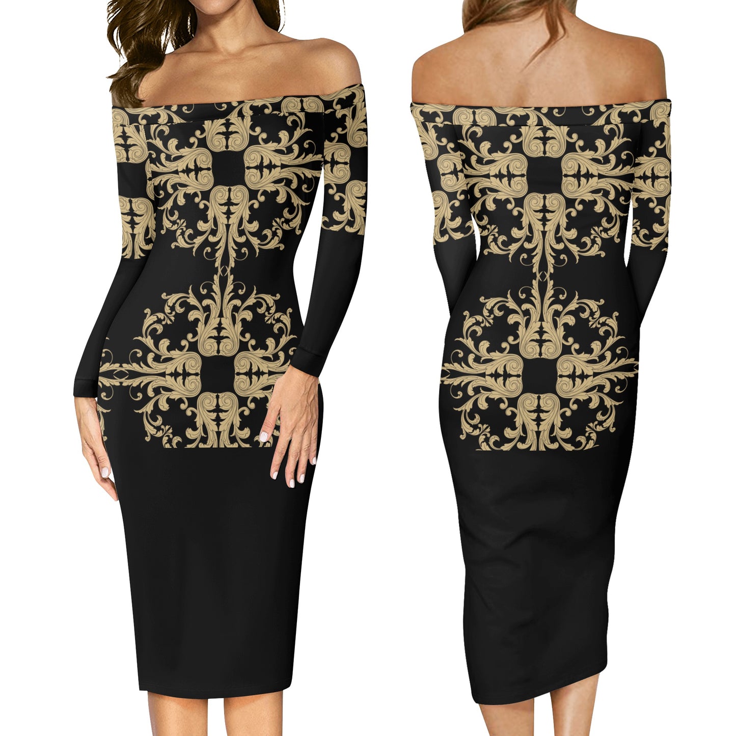 Women's Long Sleeve Off The Shoulder Lady Dress Half Rococco Black (Designed by Dunbi) PopCustoms