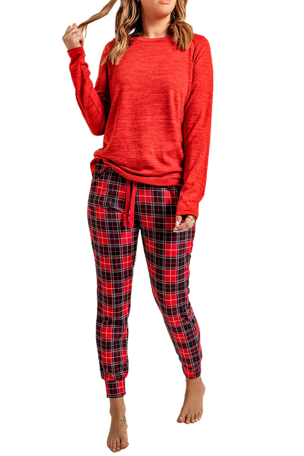 Solid Long Sleeve Top And Plaid Pants Loungewear Kiwidrop