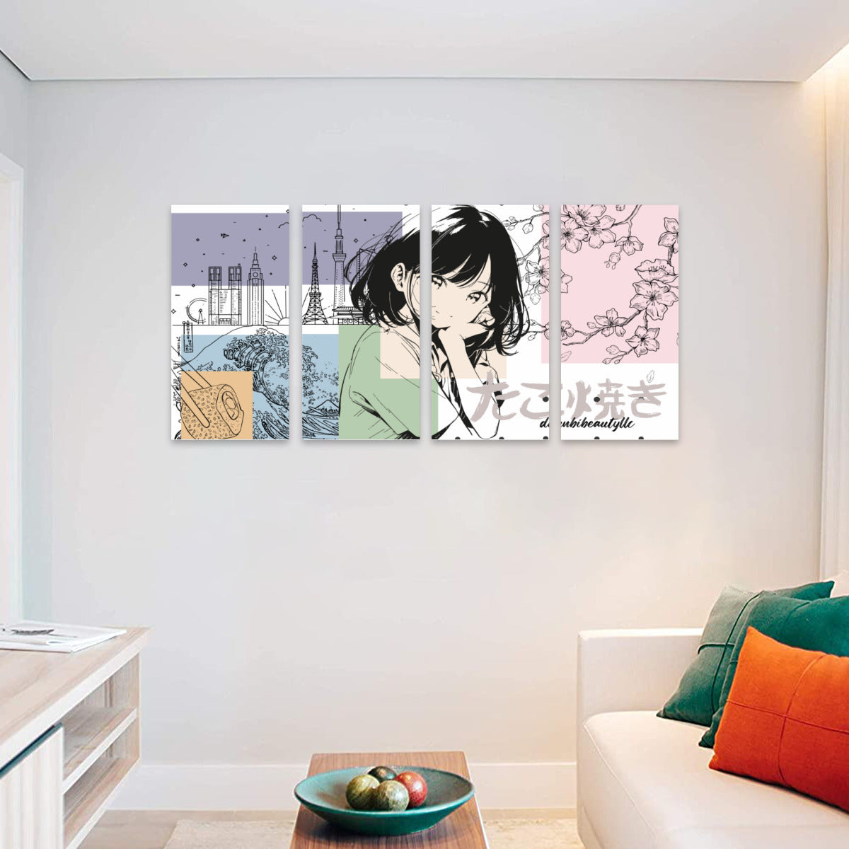 Quadriptych Decorative Painting Monogram Design (1:2)｜Japanese, Japan, Girl, Kawaii, Cute, Anime, Manga Style, Peace, Sushi, Tokyo, Cherry Blossoms (Designed by Dunbi)