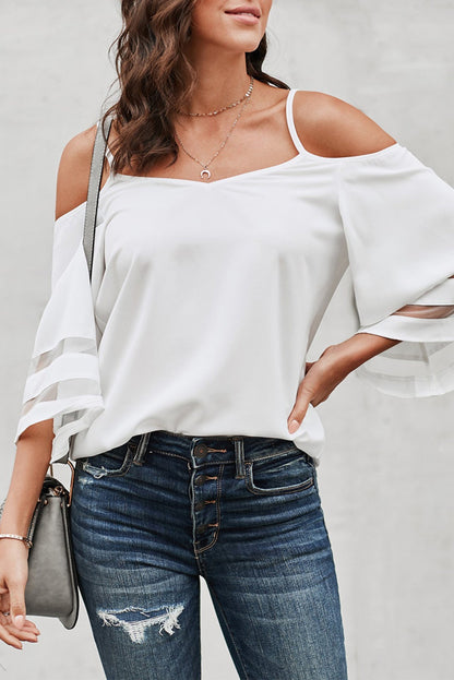 Spaghetti Straps Cold Shoulder Mesh Insert Bell Sleeve Blouse Kiwidrop