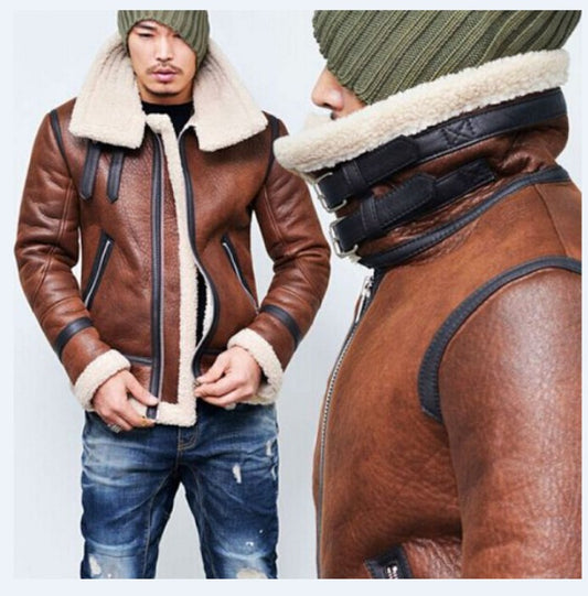 Men's Jacket Winter Highneck Warm Fur Liner Lapel Leather Zipper SupDropshipping