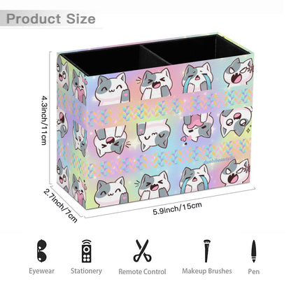 Retro Two-Compartment Pencil Holder｜PU -Kawaii Cat, Anime Style, Cartoon, Emotions, Happy, Sad, Angry, Laughing, Pastel Rainbow Background (Designed by Dunbi)