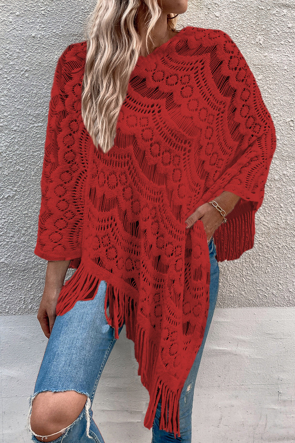 Openwork Fringe Detail Poncho