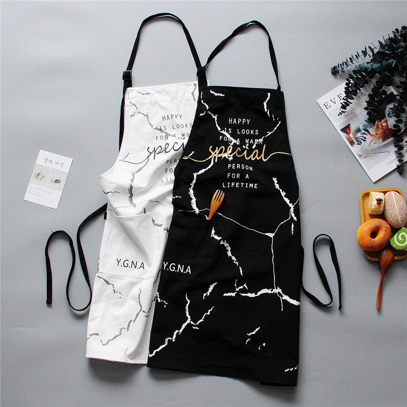 Nordic Cotton Apron Black White Marble Cooking Aprons For Men Women with Big Pocket Bib Overalls Kitchen Baking Accessories Larnt