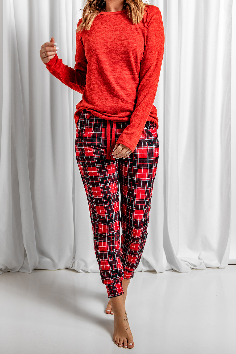 Solid Long Sleeve Top And Plaid Pants Loungewear Kiwidrop