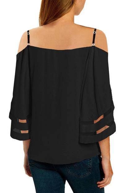 Spaghetti Straps Cold Shoulder Mesh Insert Bell Sleeve Blouse Kiwidrop