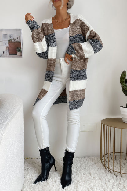 Striped Long Sleeve Duster Cardigan Trendsi