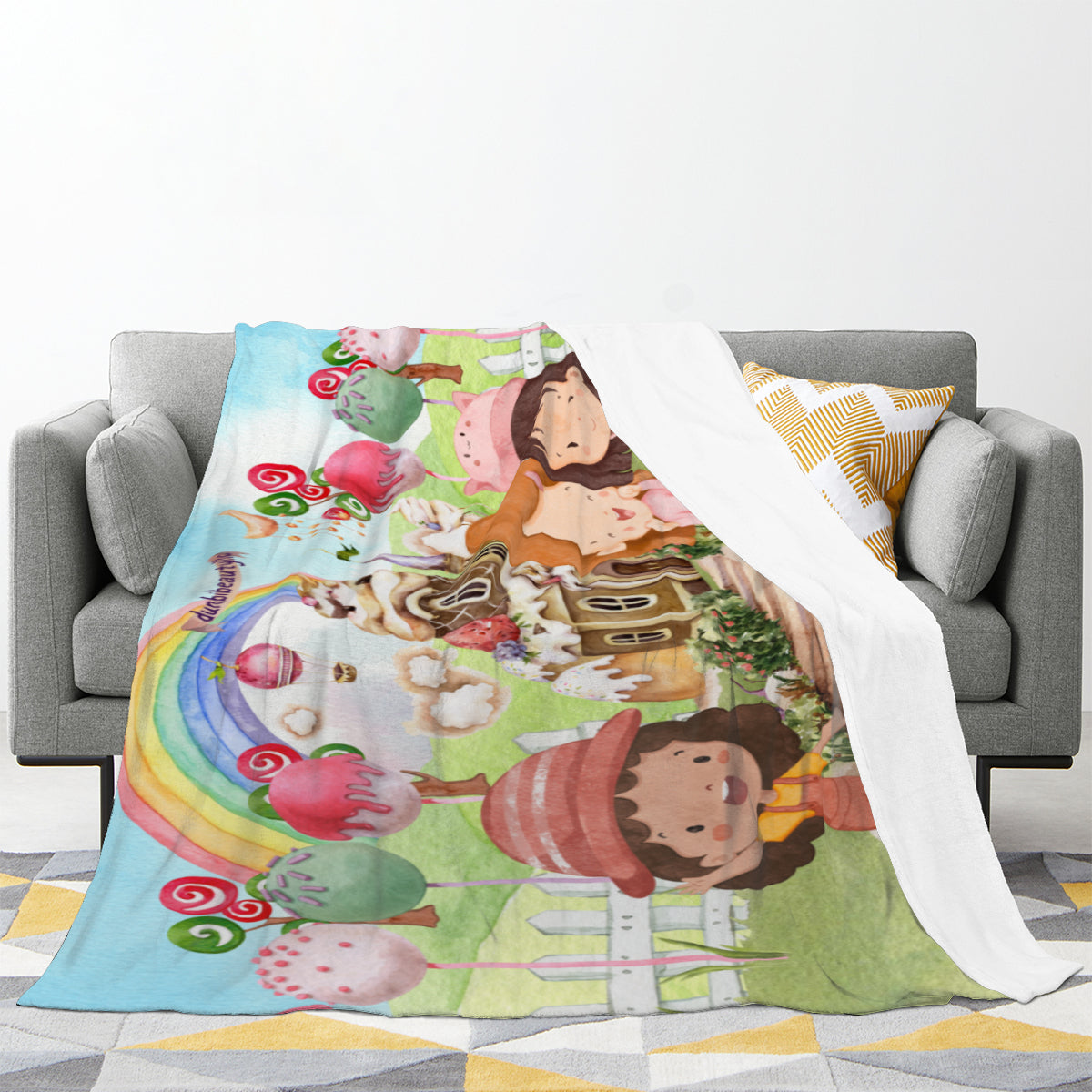 Single-Sided Printed Blanket (Horizontal) | 350GSM Flannel - Watercolor, Candy, Pastel, Lollypops, Chocolate, Treats, Dessert, Girls, Friends, Rainbow, Candy Shop, Hot Air Balloon, Cake Pops, Chocolate Clouds (Designed by Dunbi)