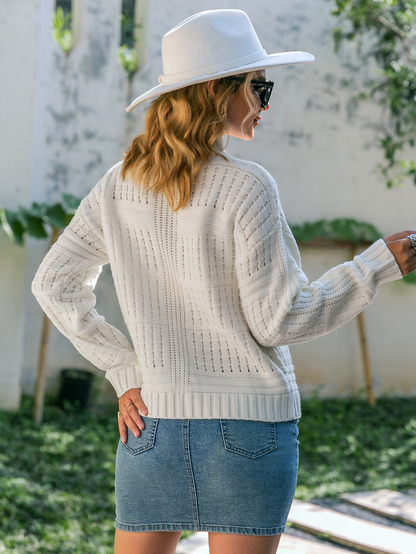 Mock Neck Pointelle Knit Drop Shoulder Sweater Kiwidrop