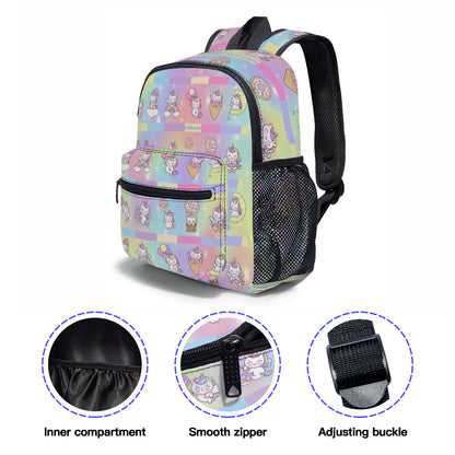 Student Schoolbag (Multi-sided design) | Polyester -Kawaii Unicorn, Pastel Rainbow, Clouds, Pink, Purple, Blue, Yellow, Sleepy Unicorn, Hungry Unicorn, Moon, Candy, Donuts, Ice Cream (Designed by Dunbi)