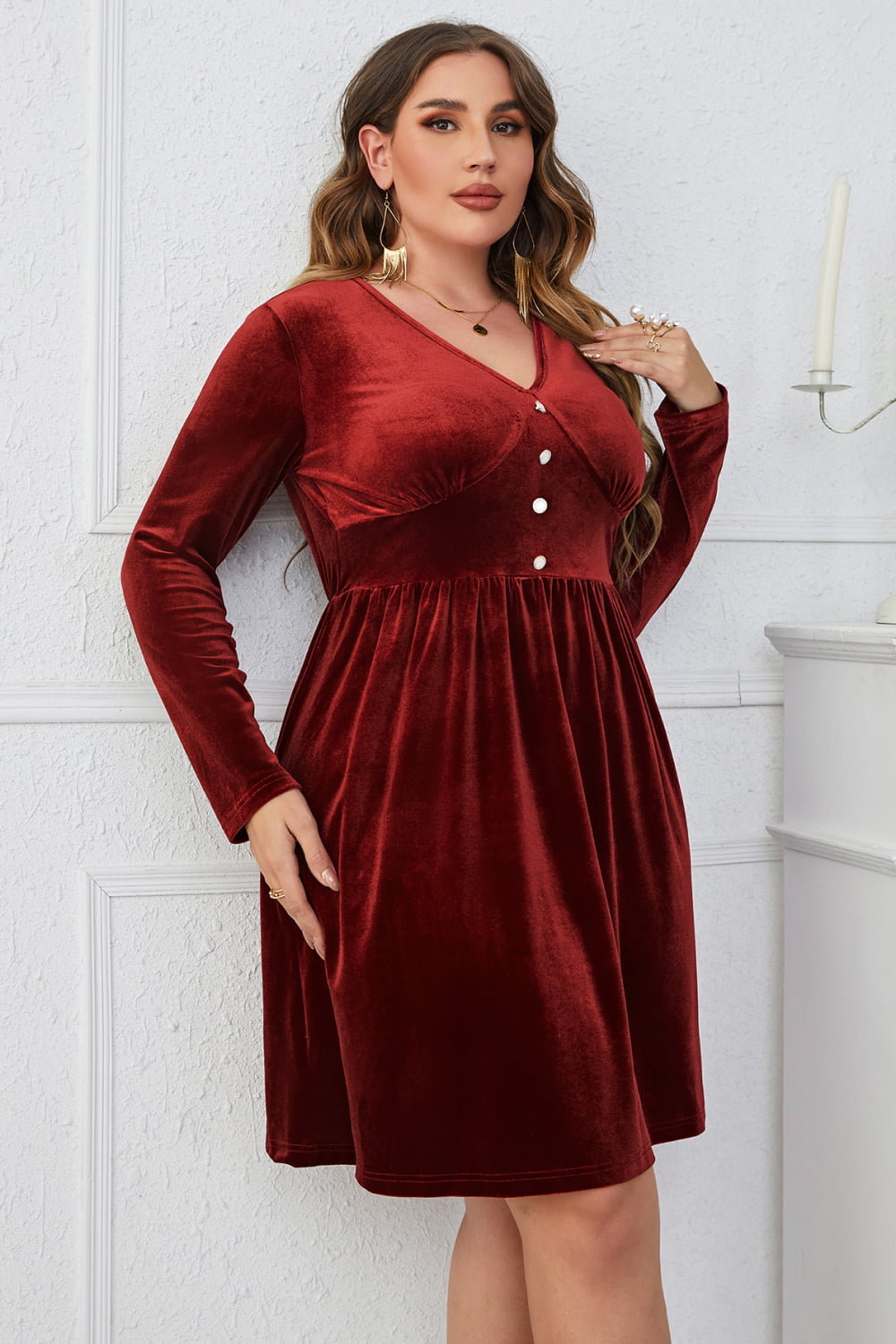 Plus Size V-Neck Decorative Button Knee Length Dress