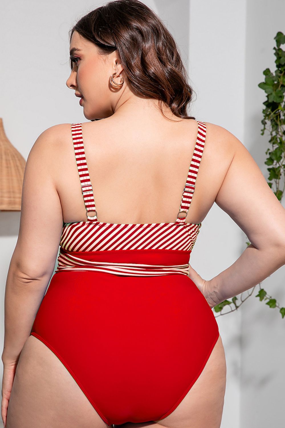 Plus Size Striped Tie-Waist One-Piece Swimsuit Trendsi