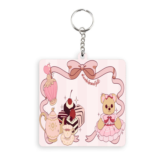 Wooden square keychain (double-sided design) | Cute Teddy Bear, Tea Party, Ribbon, Bows, Cakes, Cute, Victorian, Doll, Cute Girl, Pink Style 1, Stripes (Designed by Dunbi)