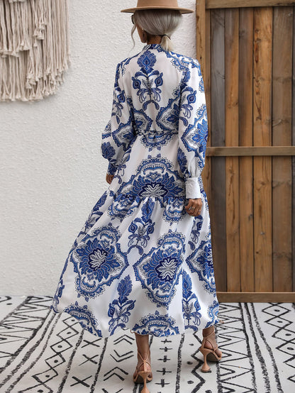 Printed Tie Waist Notched Neck Midi Dress